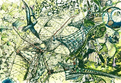 Biomorphic Biosphere: Walkway Looking Into Interior Column with Compression Member Below. Entrance to Flying Houses and Street Inflatable Furniture. Utilities in Walkbed and Transport Modular Slung from Below Walkway, 1977