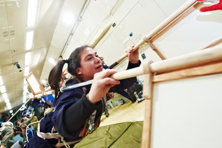 Tania Candiani using her Machine for Flying Besnier 1673, 2015. Photo courtesy Nahum.